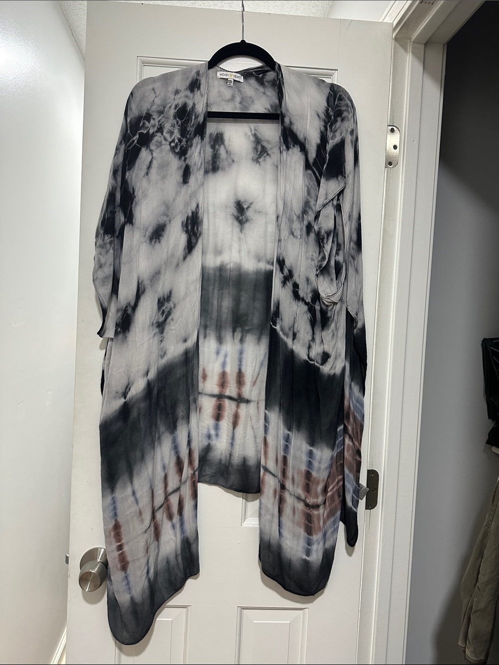 Woven Heart Tie-Dye Open Front kimono- Black, Gray & Brown Accents